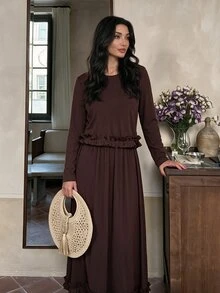 Modelyn Gaun Maxi Lengan Panjang Berlipit Rajut dengan Hiasan Rumbai Warna Kopi untuk Wanita, Set 2 Potong, Musim Gugur/Dingin - Coffee Brown - View 4