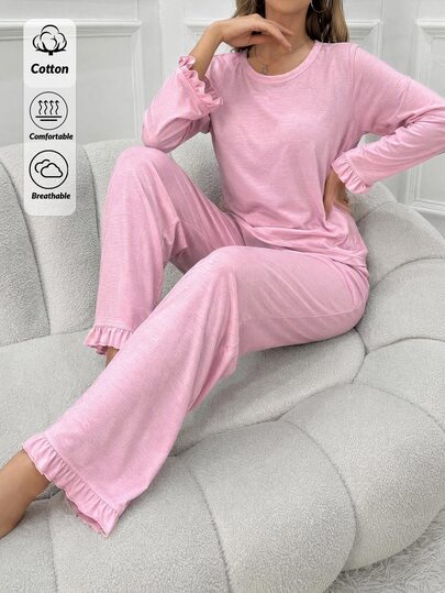 SHEIN Women Solid Pink Ruffle Cuff Long Sleeve Top And Straight Leg Pants 2 Pieces Soft Comfortable Casual Pajama Set