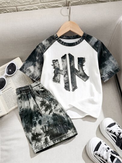 Boys' 2pcs American Street Style Short Sleeve T-Shirt And Shorts Set, Black & Gray Tie-Dye Gradient Patchwork Crew Neck Top With Elastic Waist Casual Shorts