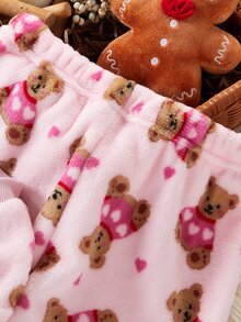 Genkimix Kids 女童蝴蝶結愛心印花毛絨長袖上衣與長褲休閒舒適兩件式家居服套裝 秋冬款 - 粉色 - 查看 7