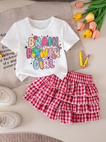 Joliand Young Girl 2pcs Printed Crew Neck Set Back To School - White - View 9