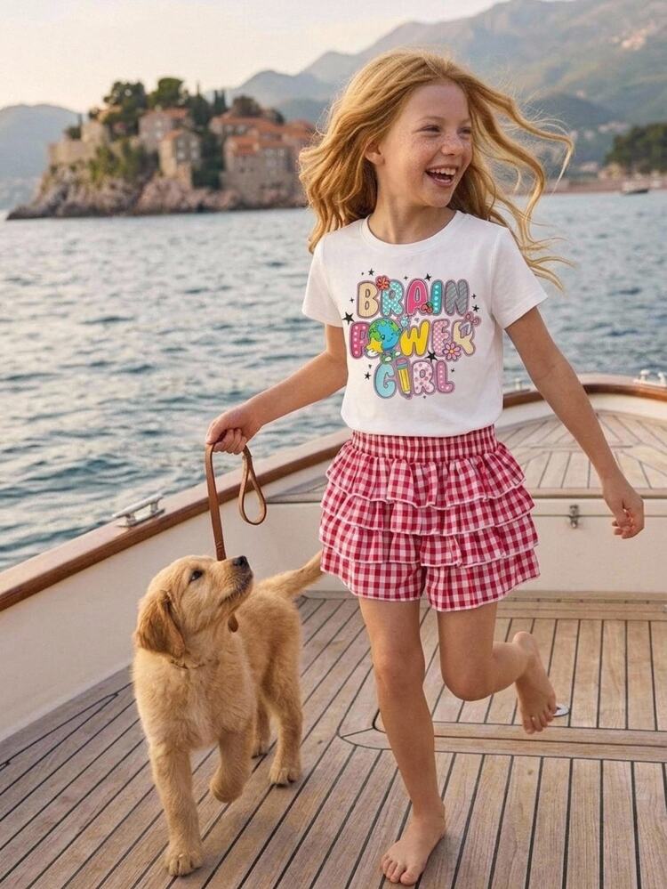 Joliand Young Girl 2pcs Printed Crew Neck Set Back To School - White - View 2
