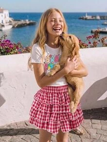 Joliand Young Girl 2pcs Printed Crew Neck Set Back To School - White - View 4