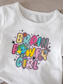 Joliand Young Girl 2pcs Printed Crew Neck Set Back To School - White - View 6
