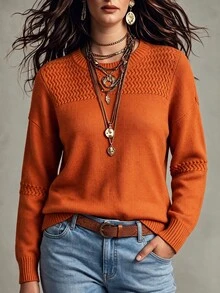 EMERY ROSE Plus Size Women's Round Neck Loose Long Sleeve Sweater For Office Family Holiday And Commute Fall Winter 2026 Thanksgiving Burnt Orange Casual - Orange - View 4