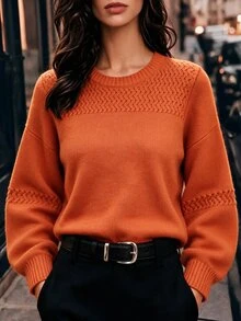 EMERY ROSE Plus Size Women's Round Neck Loose Long Sleeve Sweater For Office Family Holiday And Commute Fall Winter 2026 Thanksgiving Burnt Orange Casual - Orange - View 1