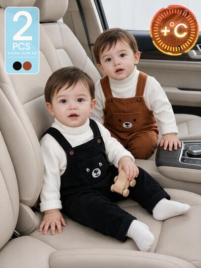 SHEIN 2pcs Toddler Baby Boy Corduroy Overalls Cute Brown Black Bear Embroidery Long Sleeve Turtleneck Regular Holiday Winter New Born Big Brother