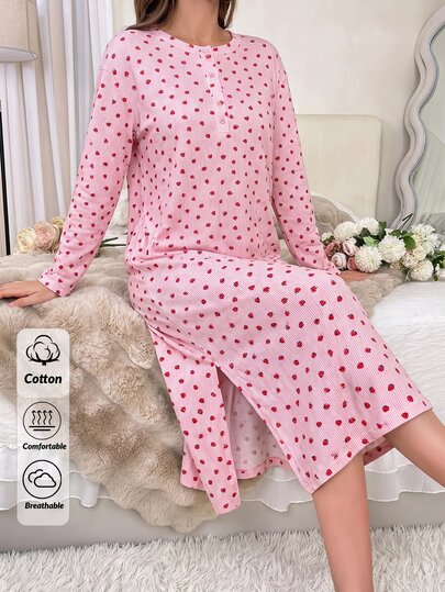 SHEIN Women's Strawberry Print Sleep Dress With Button Detailed , Long Sleeves, Soft Stretch Nightgown Lounge Dress