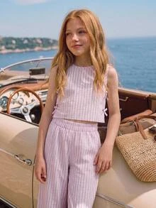 Joliand Joliand Tween Girls Striped Tank Top And Loose Long Pants 2pcs Set Casual Daily Fashion Versatile - Pink - View 3