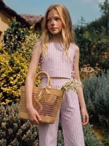 Joliand Joliand Tween Girls Striped Tank Top And Loose Long Pants 2pcs Set Casual Daily Fashion Versatile - Pink - View 5