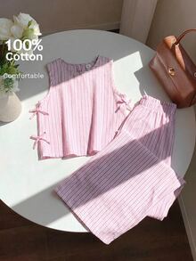 Joliand Joliand Tween Girls Striped Tank Top And Loose Long Pants 2pcs Set Casual Daily Fashion Versatile - Pink - View 9