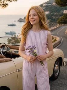 Joliand Joliand Tween Girls Striped Tank Top And Loose Long Pants 2pcs Set Casual Daily Fashion Versatile - Pink - View 1