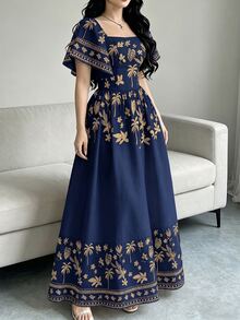 Modelyn 女款優雅洋裝，龜甲葉、椰子樹、散葉與小花植物剪影印花，時尚方格 - 彩色 - 查看 3