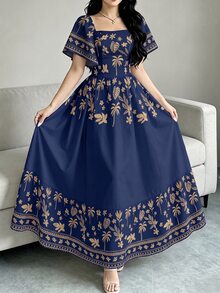 Modelyn 女款優雅洋裝，龜甲葉、椰子樹、散葉與小花植物剪影印花，時尚方格 - 彩色 - 查看 4
