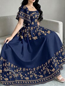 Modelyn 女款優雅洋裝，龜甲葉、椰子樹、散葉與小花植物剪影印花，時尚方格 - 彩色 - 查看 1