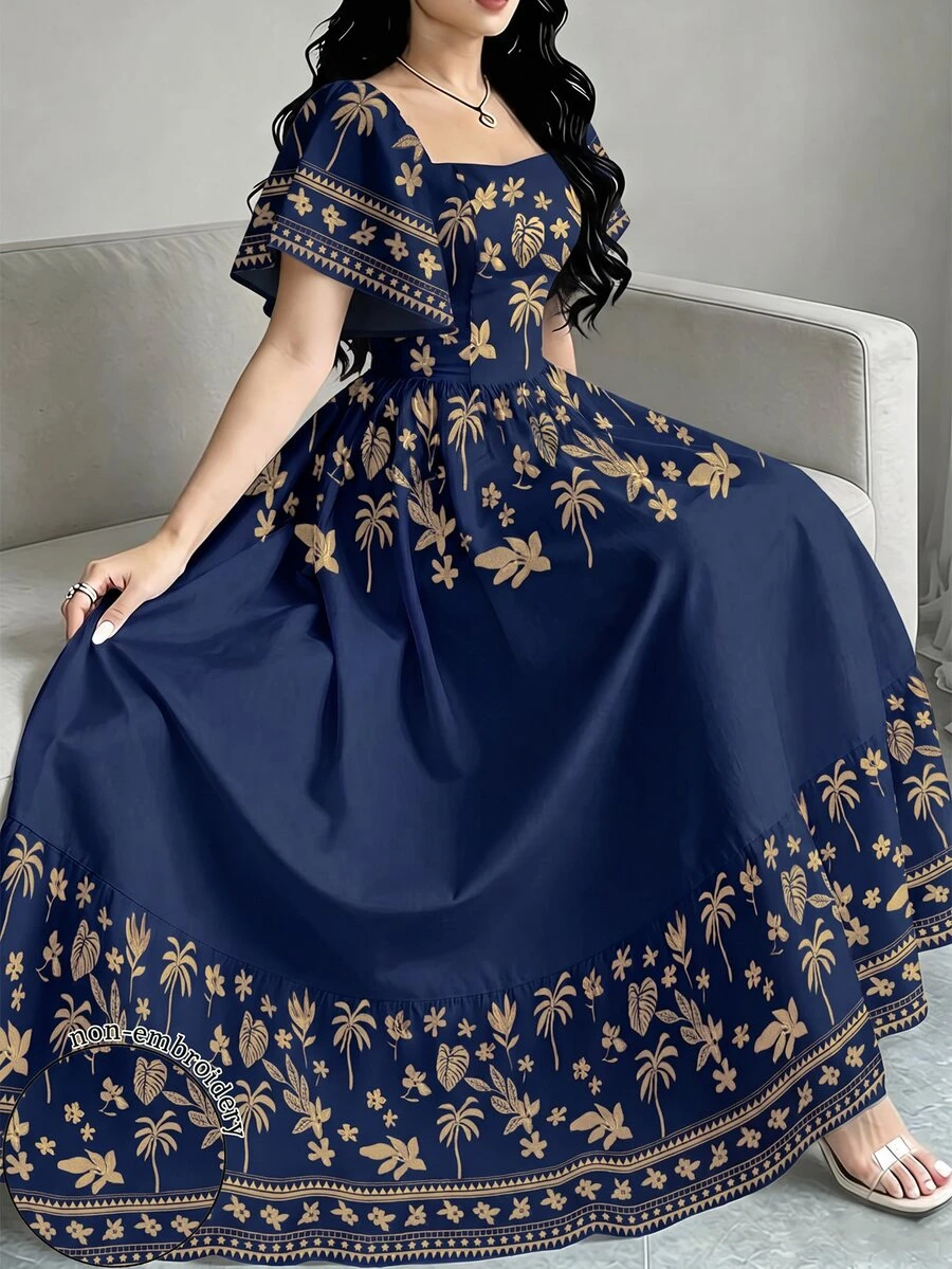 Modelyn 女款優雅洋裝,龜甲葉、椰子樹、散葉與小花植物剪影印花,時尚方格 - 彩色 - 查看 1