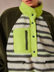VARSIVA Women's Loose-Fitting, Fleece-Lined Half-Open Stylish Long-Sleeved Jacket In Olive Green With Contrasting Stripes, Comfortable And Warm - Multicolor - View 8