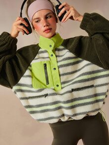 VARSIVA Women's Loose-Fitting, Fleece-Lined Half-Open Stylish Long-Sleeved Jacket In Olive Green With Contrasting Stripes, Comfortable And Warm - Multicolor - View 6