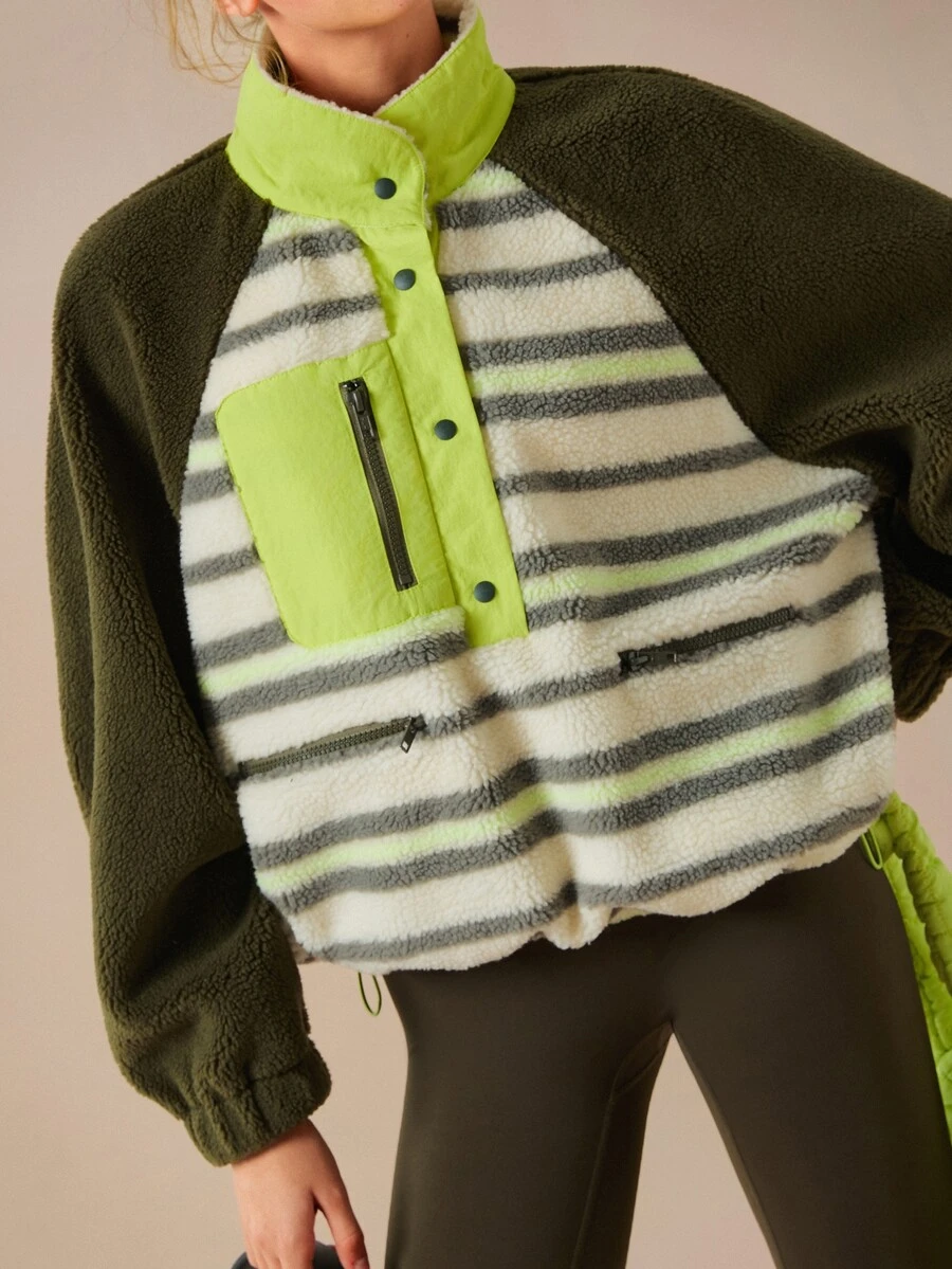 VARSIVA Women's Loose-Fitting, Fleece-Lined Half-Open Stylish Long-Sleeved Jacket In Olive Green With Contrasting Stripes, Comfortable And Warm - Multicolor - View 1