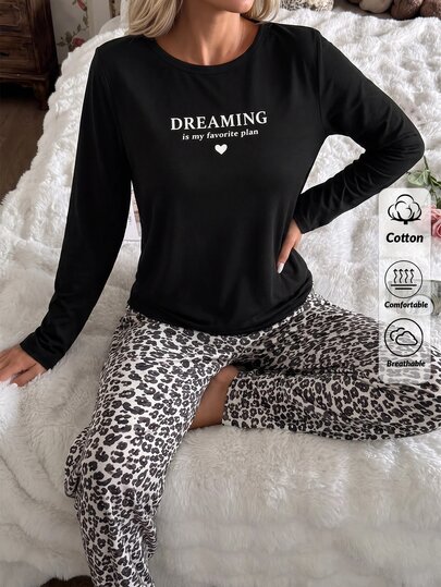 SHEIN Women Dreaming Is My Favorite Plan Letter Print Long Sleeve Top And Leopard Print Pants Casual Simple Pajama Set Sleep Home Black And White