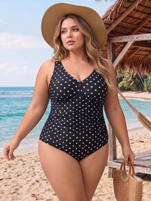 SHEIN CURVE+ 2026Plus Size One-Piece Swimsuit, Random Colorful Print, Minimal Design, Perfect For Daily Wear, Bohemian Style, Women's Summer Beach Outfit - Black - View 4