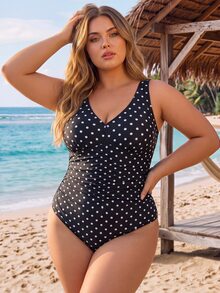 SHEIN CURVE+ 2026Plus Size One-Piece Swimsuit, Random Colorful Print, Minimal Design, Perfect For Daily Wear, Bohemian Style, Women's Summer Beach Outfit - Black - View 2
