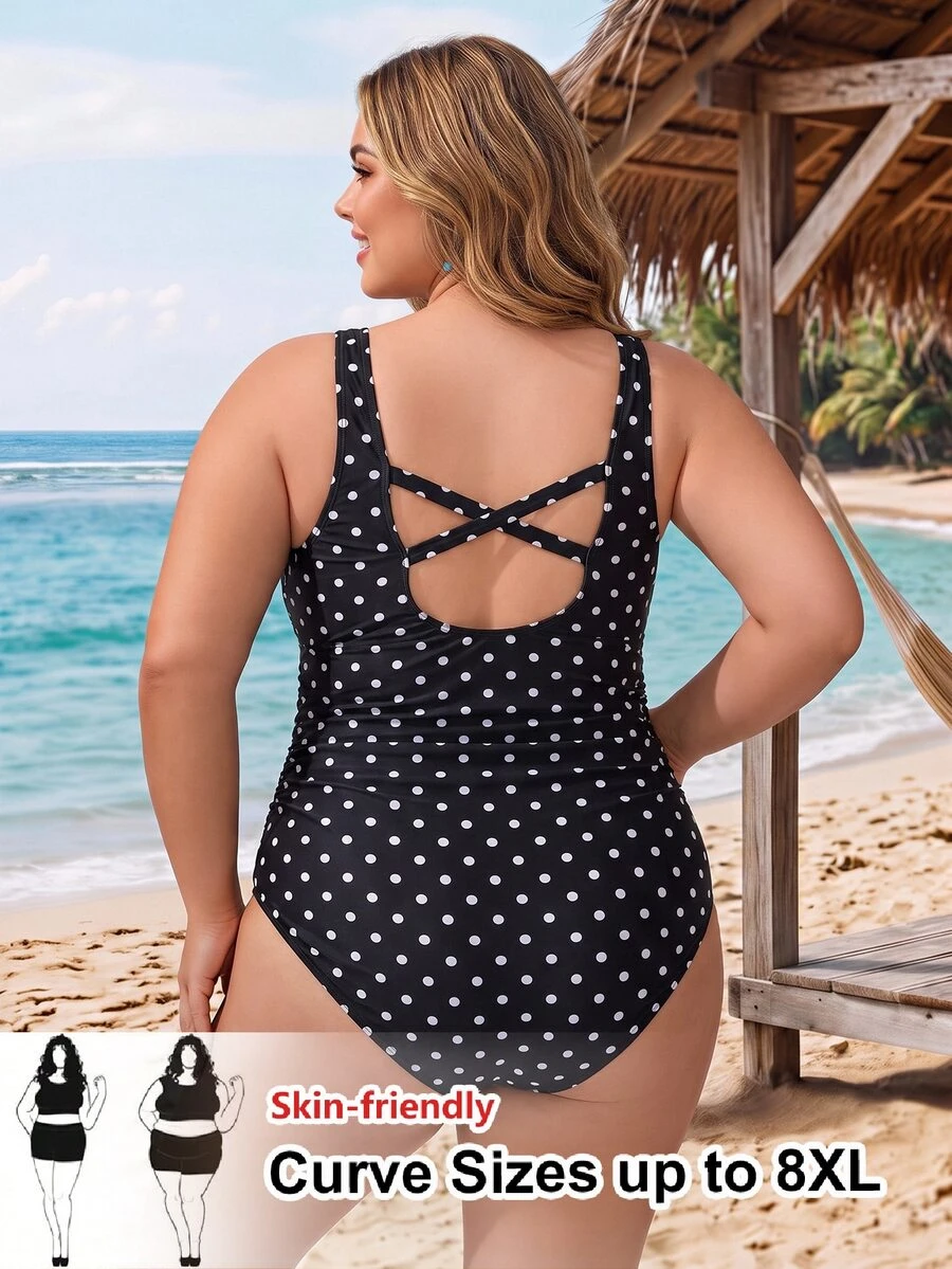 SHEIN CURVE+ 2026Plus Size One-Piece Swimsuit, Random Colorful Print, Minimal Design, Perfect For Daily Wear, Bohemian Style, Women's Summer Beach Outfit - Black - View 1
