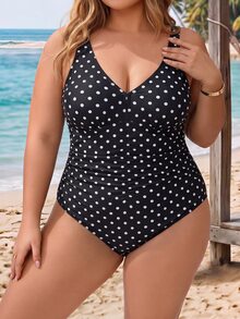 SHEIN CURVE+ 2026Plus Size One-Piece Swimsuit, Random Colorful Print, Minimal Design, Perfect For Daily Wear, Bohemian Style, Women's Summer Beach Outfit - Black - View 3