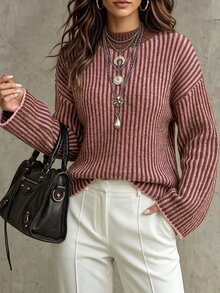 SHEIN Women's Autumn Winter Two-Tone Vertical Ribbed Knit Sweater, Elegant Loose Round Neck Long Sleeve Pullover For Daily Commute, Casual Wear & Streetwear - Multicolor - View 6
