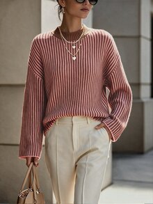 SHEIN Women's Autumn Winter Two-Tone Vertical Ribbed Knit Sweater, Elegant Loose Round Neck Long Sleeve Pullover For Daily Commute, Casual Wear & Streetwear - Multicolor - View 4