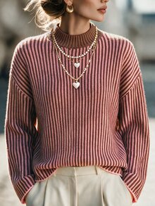 SHEIN Women's Autumn Winter Two-Tone Vertical Ribbed Knit Sweater, Elegant Loose Round Neck Long Sleeve Pullover For Daily Commute, Casual Wear & Streetwear - Multicolor - View 2