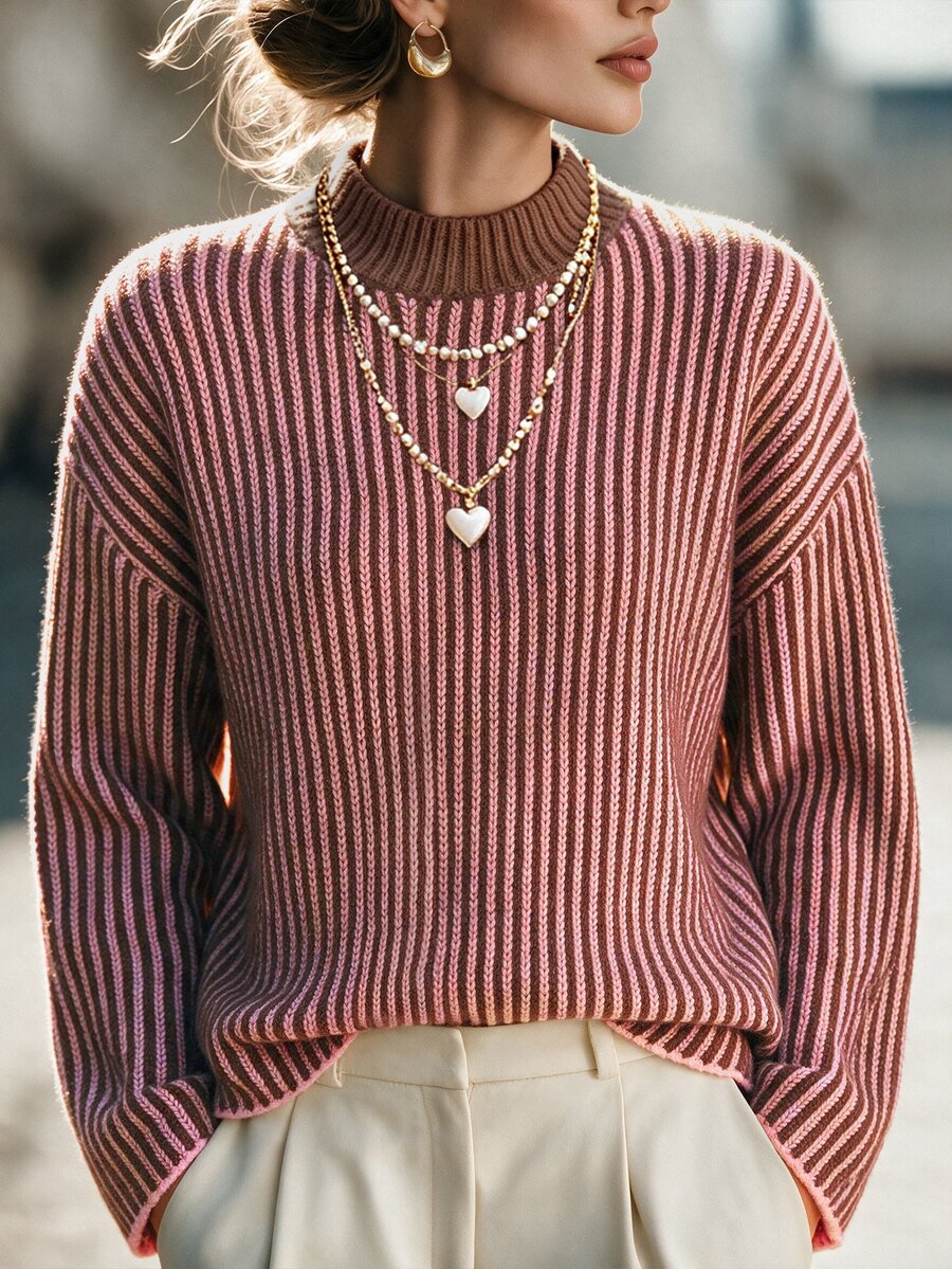 SHEIN Women's Autumn Winter Two-Tone Vertical Ribbed Knit Sweater, Elegant Loose Round Neck Long Sleeve Pullover For Daily Commute, Casual Wear & Streetwear