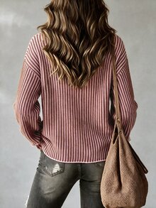 SHEIN Women's Autumn Winter Two-Tone Vertical Ribbed Knit Sweater, Elegant Loose Round Neck Long Sleeve Pullover For Daily Commute, Casual Wear & Streetwear - Multicolor - View 3