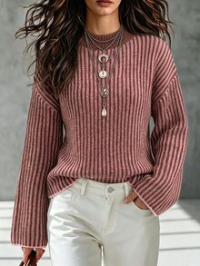 SHEIN Women's Autumn Winter Two-Tone Vertical Ribbed Knit Sweater, Elegant Loose Round Neck Long Sleeve Pullover For Daily Commute, Casual Wear & Streetwear - Multicolor - View 5