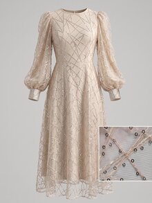 Fleurora Women's Solid Color Patchwork Sequin Mesh Lantern Sleeve Elegant Mid-Length Dress - Light Yellow - View 8