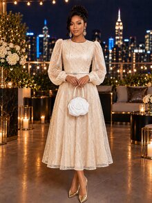 Fleurora Women's Solid Color Patchwork Sequin Mesh Lantern Sleeve Elegant Mid-Length Dress - Light Yellow - View 3