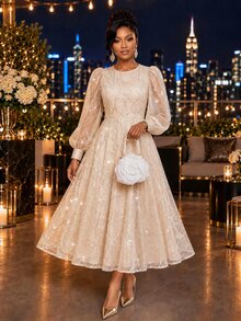 Fleurora Women's Solid Color Patchwork Sequin Mesh Lantern Sleeve Elegant Mid-Length Dress - Light Yellow - View 5