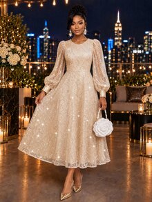 Fleurora Women's Solid Color Patchwork Sequin Mesh Lantern Sleeve Elegant Mid-Length Dress - Light Yellow - View 4