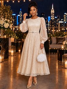 Fleurora Women's Solid Color Patchwork Sequin Mesh Lantern Sleeve Elegant Mid-Length Dress - Light Yellow - View 6