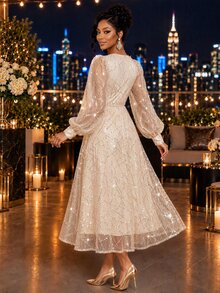 Fleurora Women's Solid Color Patchwork Sequin Mesh Lantern Sleeve Elegant Mid-Length Dress - Light Yellow - View 2