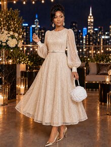Fleurora Women's Solid Color Patchwork Sequin Mesh Lantern Sleeve Elegant Mid-Length Dress - Light Yellow - View 7