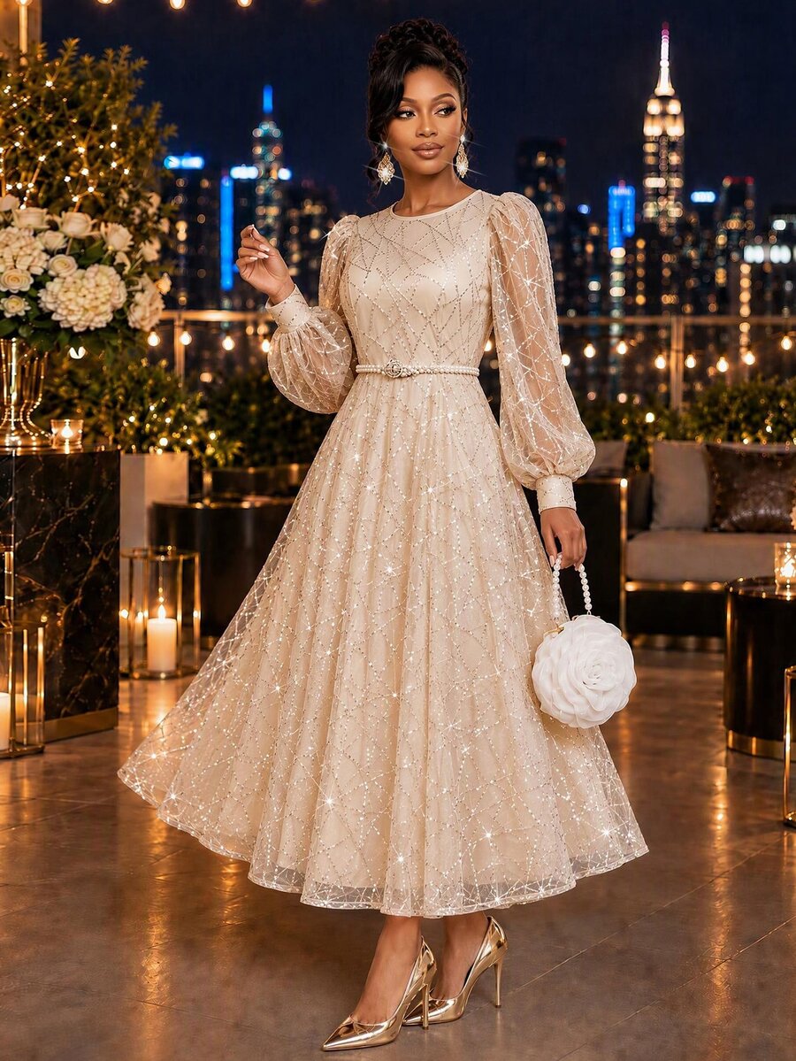 Fleurora Women's Solid Color Patchwork Sequin Mesh Lantern Sleeve Elegant Mid-Length Dress - Light Yellow - View 1