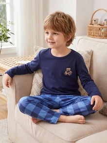 Snug Fit Pajamas Boys Toddler Long Sleeve & Long Pants Set, Fun Bear Pattern Design, Comfortable Soft Skin-Friendly Fabric, Suitable For Young Boy Home Wear - Royal Blue - View 8