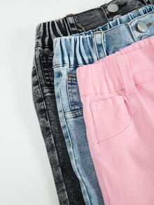 SHEIN YOUNG GIRLS 青少女牛仔褲 + 多色牛仔修身彈性喇叭褲 + 基礎極簡時尚款，適合春夏休閒度假，時尚街頭風牛仔 3 件套 - 彩色 - 查看 4