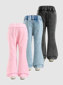 SHEIN YOUNG GIRLS 青少女牛仔褲 + 多色牛仔修身彈性喇叭褲 + 基礎極簡時尚款，適合春夏休閒度假，時尚街頭風牛仔 3 件套 - 彩色 - 查看 2