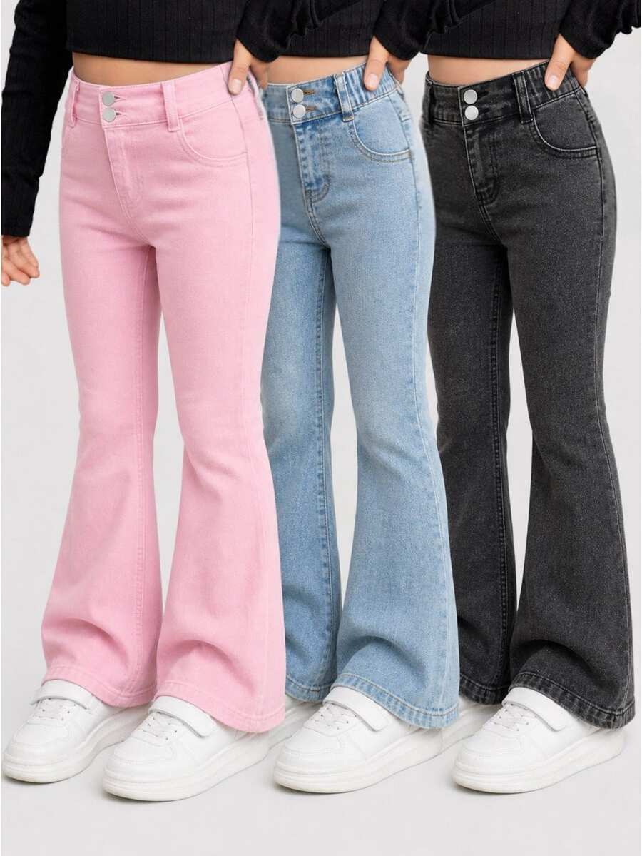 SHEIN YOUNG GIRLS 青少女牛仔褲 + 多色牛仔修身彈性喇叭褲 + 基礎極簡時尚款,適合春夏休閒度假,時尚街頭風牛仔 3 件套 - 彩色 - 查看 1