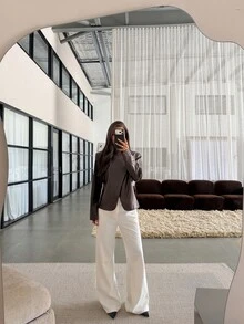Aloruh 女款純色PU皮革單排扣時尚西裝外套，秋冬季棕色皮革夾克，極簡通勤波希米亞風萬聖節外套 - 咖啡棕 - 查看 9