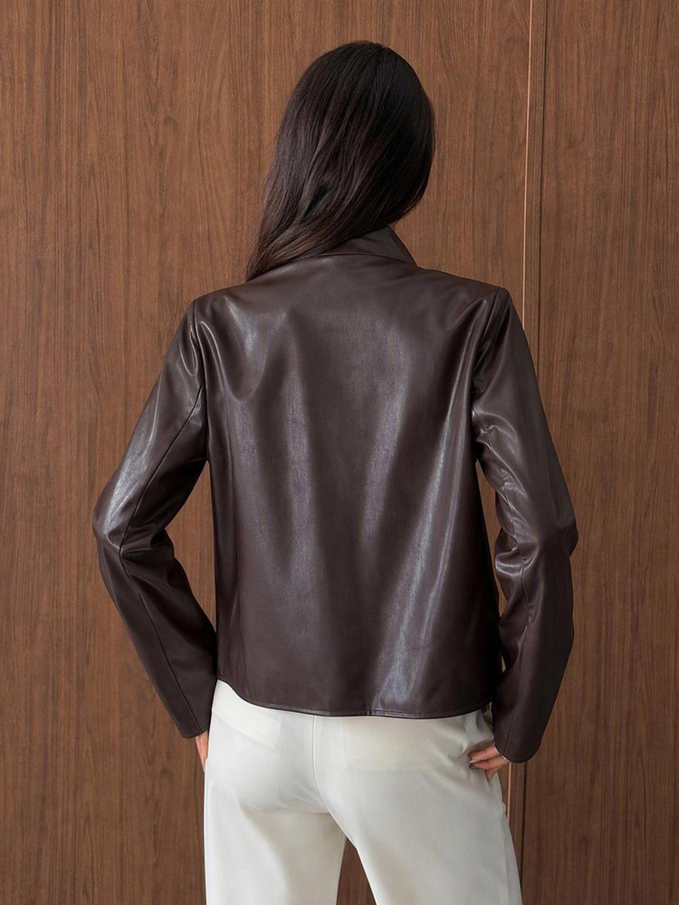 Aloruh Women's Solid Color PU Leather Single-Breasted Fashion Blazer,Autumn,Winter Fall Clothing Brown Leather Jacket Minimalist Workwear Boho Jacket Hallowe - Coffee Brown - View 2