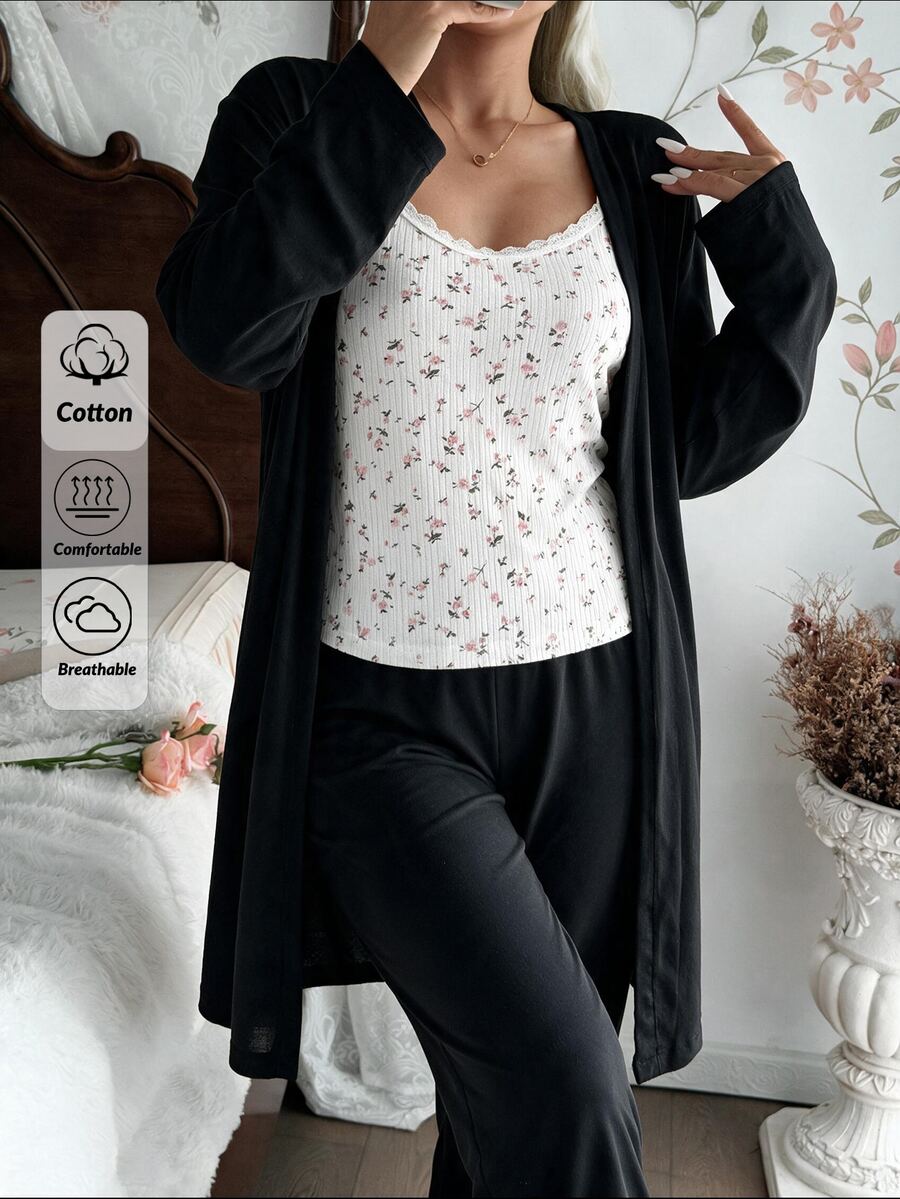 SHEIN Women Floral Print Lace Trim Cami Top, Solid Straight Leg Pants And Open Front Long Sleeve Robe 3-Piece Casual Pajama Set - Black - View 1