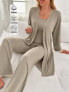 SHEIN Women's Solid Cami Top, Lace Trim Straight Leg Pants And Matching Robe 3 PiecesCasual Pajama Set - Olive Green - View 1